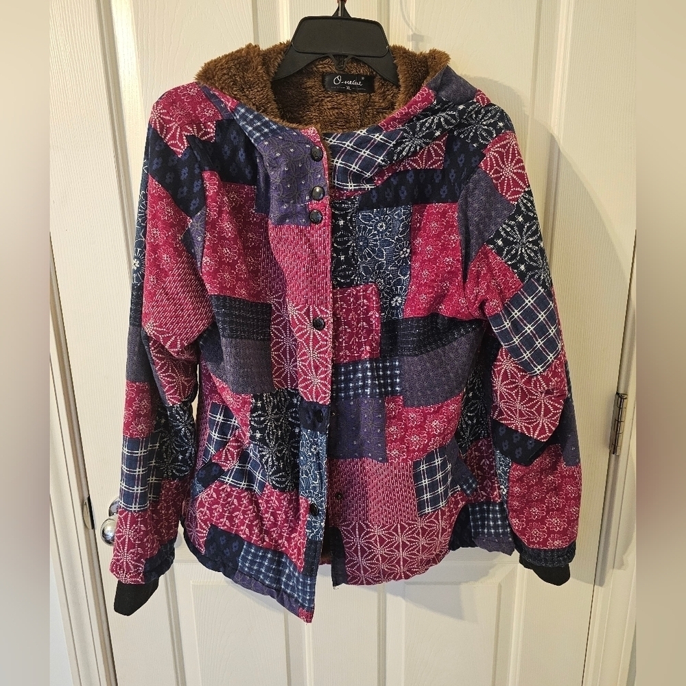 Faux Patchwork Cotton Linen Blend Faux Fur Lined Jacket Size XL